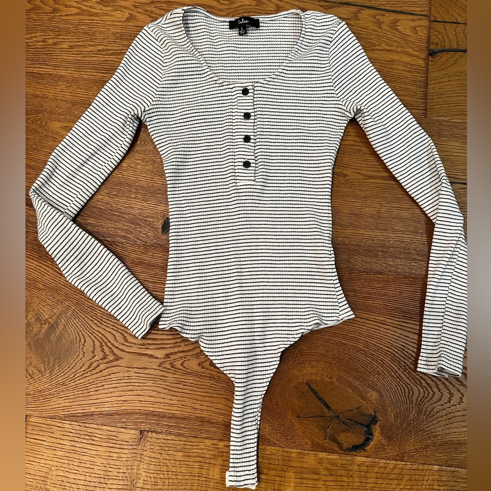 Striped Long-Sleeve Henley Ribbed Bodysuit - Black & White | Lulu’s